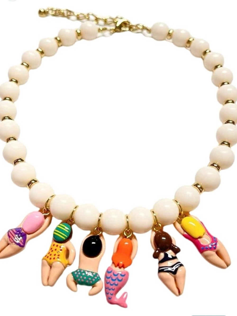 White Beaded Necklace with Gold Accents and Multicolor Swimmer Charms - Picture 2 of 10